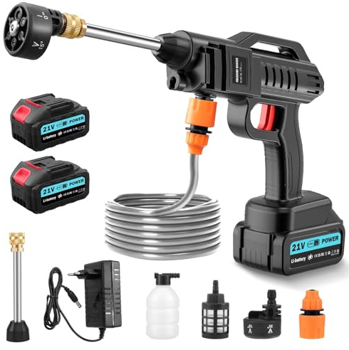 Ankishi Nettoyeur haute pression sans fil 100 bar 270 l/h | Pistolet portable avec 2 batteries de 3000 mAh | Pistolet de lavage mobile 6 en 1, buse réglable de 5 m, pour balcon, garage, voiture