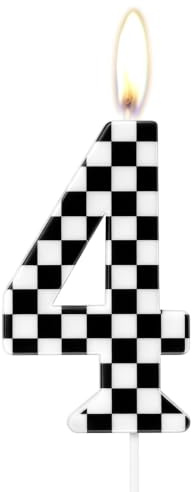 Alaoo 4 års födelsedagsljus, svart och vitt Damier nummerljus, topper tårta, sifferljus, födelsedagstema, racingbilar, för födelsedagsfest, flicka, pojke