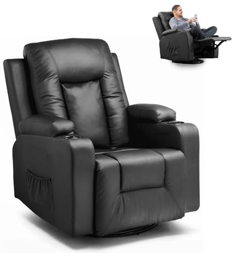 GTPLAYER Relaxsessel Fernsehsessel mit Liegefunktion, 360° Drehbarer Stillsessel mit Schaukelfunktion, TV Sessel Wohnzimmer mit Getränkehaltern und Seitentasche, Lesesessel fur Schlafzimmer, Schwarz