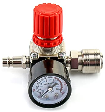 QWORK® Válvula Reguladora de Presión, Regulador de Presión para Compresor de Aire con Manómetro 175psi 12bar 240V, 4 Agujeros