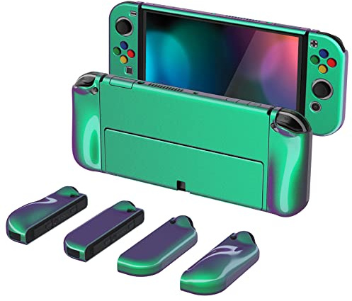 PlayVital Hårt Skal för Nintendo Switch OLED,Skyddsfodral Fodral för Switch OLED,AlterGrips Glänsande Protective Case med Tumgrepps Kåpor&Knapp Kåpor-Kameleon Grön Lila