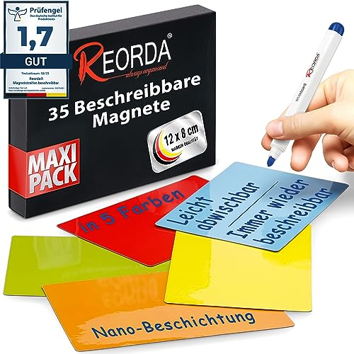 Reorda® Magnetstreifen beschreibbar - 35 Stück wiederbeschreibbar – 12 x 8 cm (Bunt) | Beschreibbare Magnete für Whiteboard, Kanban, Magnettafel - beschriftbare Magnete für den Kühlschrank