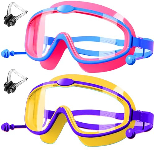 HINATAA Occhialini Nuoto Bambini con tappi per le orecchie,Occhiali Subacquei immersione Bambino con clip per il naso,Anti Nebbia Occhialini Piscina Bambino ragazzi e ragazza 3-8 anni (Rosso+Giallo)