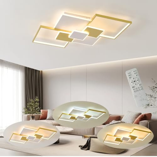 Lxysy LED Deckenleuchte Dimmbar Ø90cm, Gold Dimmbar Deckenleuchte schlafzimmer mit Fernbedienung, Klassische geometrische Form (Weiß + Gold, L 90CM)