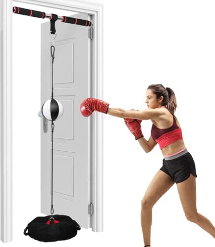 Woudy Doorway Double End Bag, 13 Double End Boxing Ball, No Drilling, Fits 23-40 Doors, Quiet Boxing Training Kit with Door Pull-Up Bar and Double End Bag Anchor for Boxing, Pull-Ups, Sit-Ups, White