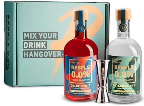 REBELS 0.0% Alkoholfreier Spritz + Gin-Geschenkset 2+1 | Inkl. Messbecher | Aperitif | 2x500ml | Vegan | Doppelt destilliert | Perfekt für Cocktails & Mocktails | Alkoholfreie spirituosen