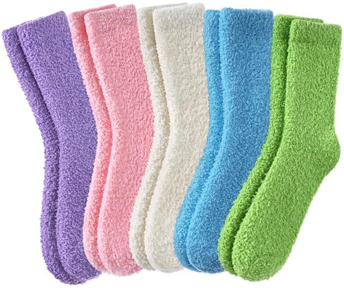 DYW Fuzzy Socks for Women Fluffy Winter Warm Slipper Soft Cozy Home Sleeping Socks 5 Pairs Purple/Pink/Blue/White/Green