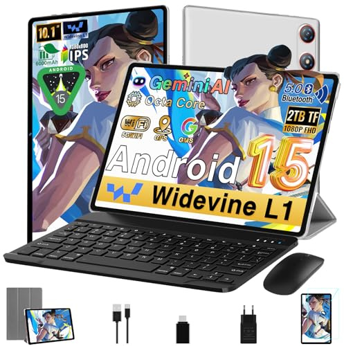 Android 15 Tablet 10 Pulgadas 30GB RAM+64GB ROM (2TB/TF), Gemini AI, Octa-Core 2.0Ghz, 1080*800 FHD IPS, Standby Extra Largo, 5G WiFi, Widevine L1, 5MP+13MP, Face ID, GMS, Tableta con teclado,Plateado