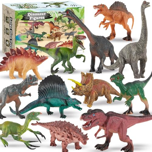 TOEY PLAY Grandi Dinosauri Giocattolo per Bambini, 12 Pezzi Figure Dinosauri Set, Realistico Dinosauro con T-Rex, Triceratop, Regalo per Ragazzi Ragazze 3 4 5 6 Anni