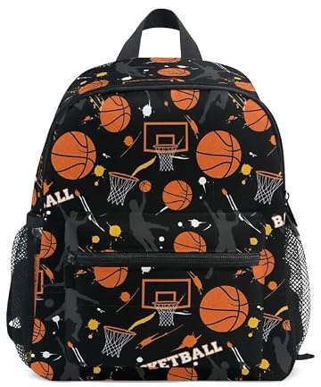 ODAWA Basketboll svart liten barnryggsäck grundskola ryggsäck med bröstband skolryggsäck för flicka med namnbricka, Basketboll svart, M