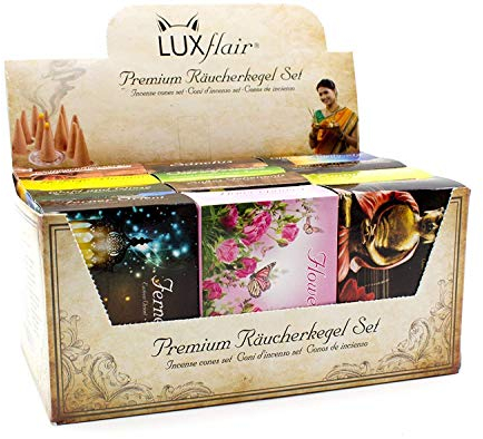 Premium Räucherkegel/Räucherkerzen Mischung 12 x 20 Stück in der XXL Großpackung. Klassisch, blumig, fruchtig, weihnachtlich. Sparpack inklusive Kegelhalter.