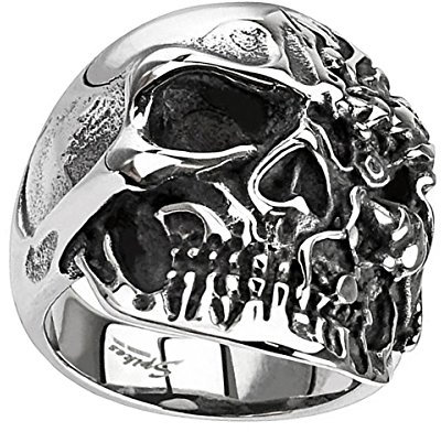 Piersando Herren Ring Edelstahl Biker Totenkopf mit 2 Gesichter Männer Herrenring 27mm Breit Silber Größe 59 (18.8)