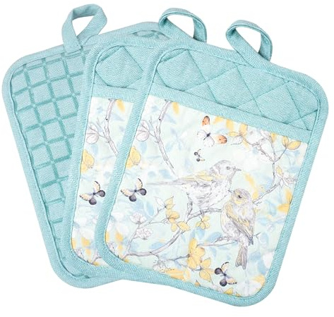 Pot Holders Set of 3 Silicone Printing Non Slip Heat Resistant, Yarm-Dyed Hot Pads Cotton Home Kitchen Cooking Barbecue Microwave Women Men Machine Washable BBQ Grilling. (Light Blue Potholders)