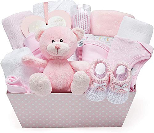 Baby Geschenkset und Erinnerungsbox - Rosa, Handverpacktes Geschenk zur Geburt Mädchen - mit Teddybär, Babyschuhen, Strampler, Lätzchen, Mütze, Decke, Kapuzenhandtuch, Hängeschild