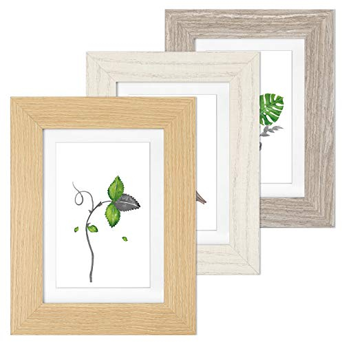 SONGMICS Picture Frames, Set of 3, Table and Wall Display, for 4 x 6 Inch (10 x 15 cm) and 5 x 7 Inch (13 x 18 cm) Photos, Glass Front, Wood Grain White, Grey, and Brown Finish RPF38WG