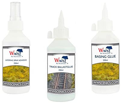 War World Scenics Modellbau Klebstoffe Set 3 x 250ml - Kleber Basen Sprüh Schotter Leim Streugras Modellbahn Modell Diorama Landschaftsbau Basing
