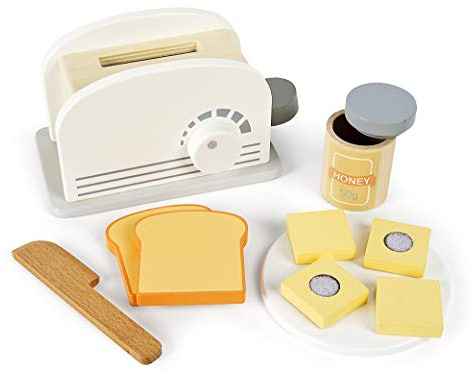 Leomark trä brödrost för barn, leksak för hem och dagis, kökstillbehör för barn, leksaksbrödrost, brödbakare med tillbehör, grå, mått 9x15x9.5 cm