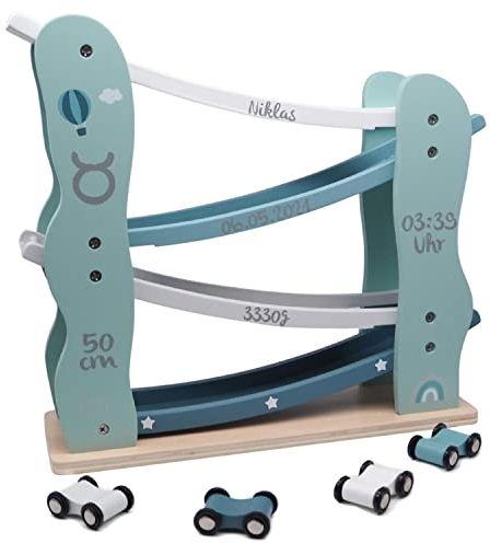 Kugelbahn inkl. Autos olive - personalisierbar I Geschenk zur Geburt & Taufe I Handmade Holzspielzeug ab 1 Jahr I Personalisierte Geschenke Baby I Rennbahn mit Name & Geburtsdaten