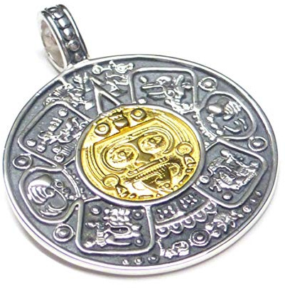 Silberschmuck - BG Maya Kalender Anhänger aus 925 Sterlingsilber mit vergoldetem Center – Schutzsymbol Unisex