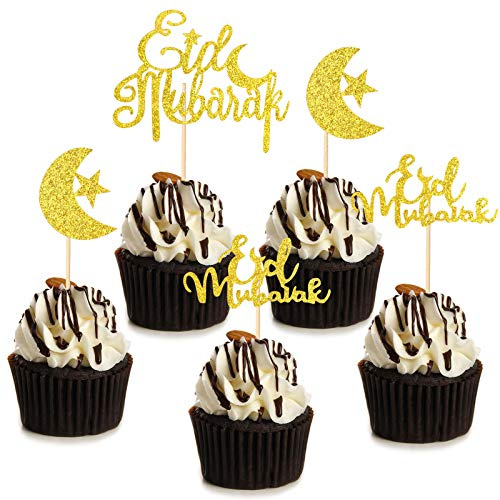 HOWAF Eid Mubarak Kuchendeko, 21 Stück Eid Mubarak Tortendeko Glitzer stern Mond Cake Topper Cupcake Tortenstecker Kuchendeckel Muffin deko für Eid Muslim islamische Party Ramadan Deko