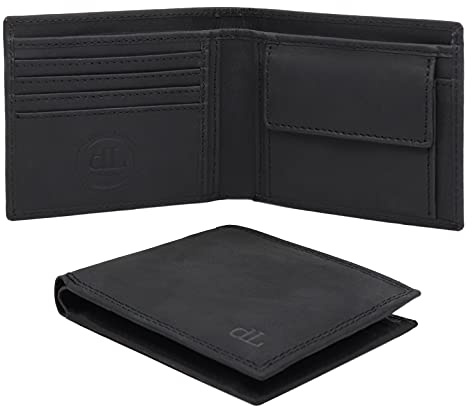 deLausier La Première | Handmade Slim Mens Wallet in Fine Leather, with RFID Blocking, Coin Pocket and 7 Credit Card Holder Slots, in Wooden Gift Box (Black)