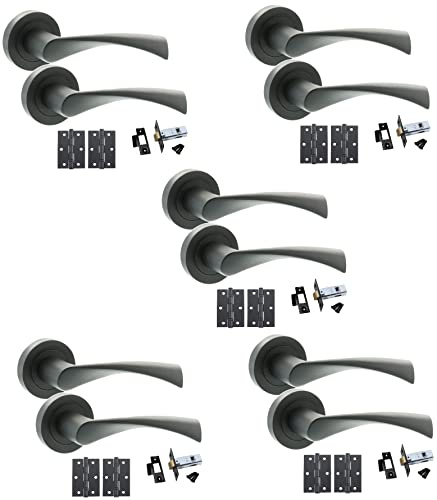 Golden Grace Astrid Twist Door Handles with Hinges & 64mm Latch, Matt Black | Complete 5-door fitting pack includes spindles, screws, black plate tubular latches and ball bearing hinges on round rose.