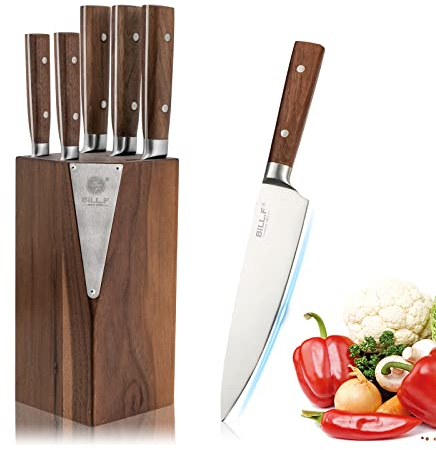 Messerblock mit Küchenmesser Set | 5 Schlitze | 1 Holzblock | 5 Messer | Chefmesser 20 cm, Brotmesser 20 cm, Schneidemesser 20 cm, Allzweckmesser 11 cm, Gemüsemesser 9 cm | Konstante Schneidleistung