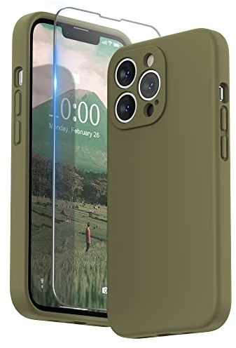SURPHY für iPhone 13 Pro Hülle Silikon mit Displayschutzfolie & Kameraschutz, Handyhülle iPhone 13 Pro Case aus Flüssigem Silikon Schutzhülle 6,1 Zoll 2021, Khaki Grün
