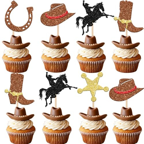 SYKYCTCY 30 Pack Cowboy Cupcake Toppers Assorted Cowboy Style Glitter Cupcake Picks for Western HorseShoe Cowboy Hats Boots Theme Baby Shower Birthday Party Cake Decorations Supplies