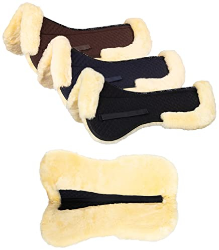 Equinate echt Lammfell Sattelkissen Spinefriend mit Wirbelsäulenfreiheit, Sattelpad S - Navy-Natur für Pferd und Pony, Sattel 15 15,5