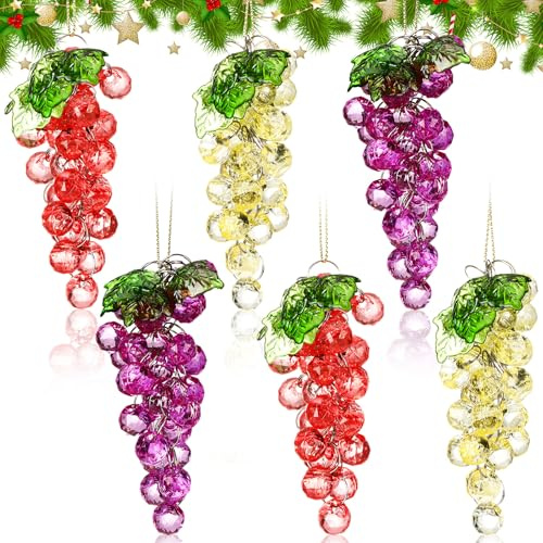 6 Pieces Summer Beaded Grapes Ornament 4 Inch Wine Ornaments Faux Grapes Vines Wine Decorations for Chritmas Wedding Party Decoration Photo Props for Fireplace Kitchen Decoration