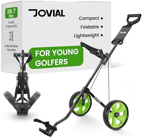 Jovial JOVGF52 Golfwagen mit 2 Rädern, zusammenklappbarer Junior-Golfwagen, obere und untere Halterungen mit Gummiband, einfaches Schnellbremssystem, Deluxe-Scorekarte und Taschenhalter, Schwarz, Grün