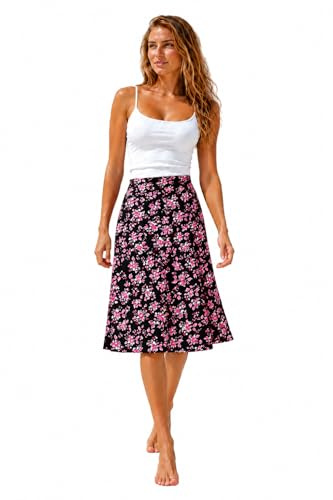 Van Der Rich ® - Gonna Floreale con Elastico in Vita - Donna (Nero Fiore 5, L-XL)