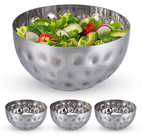 Relaxdays Set 4 Ensaladeras Metal Martillado Ø 20 cm, Frutero, Cuenco Cocina, Bol Ensalada, Palomitas, Acero Inoxidable, Plateado