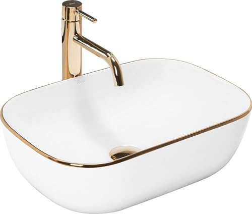Rea Aufsatzwaschbecken BELINDA GOLDEN EDGE Waschtisch Handwaschbecken Waschschale Waschbecken für Badezimmer aus hochwertiger Keramik 465 x 330 x 135 mm (Weiß/Gold)