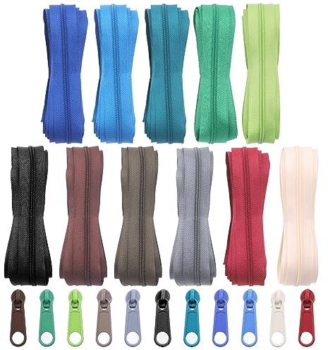 Swpeet Juego de 121 unidades, 11 unidades, 11 colores, #3, bobinas de nailon, cremalleras de costura, variadas, ligeras, adaptables, con 110 unidades, cremallera de 3 yardas, un rollo