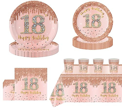 POPOYU 69 Stück 18 Geburtstag Party Geschirr,Deko 18. geburtstag Mädchen,Teller und Becher zum 18.,Pappteller 18 Geburtstag Rosegold,Servietten,Becher und Tischdecke für Mädchen Geburtstagsfeier Dekor