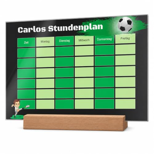 CHRISCK design Abwischbarer Acryl Glas Stundenplan mit Fußball Motiv - Personalisiert mit Namen - Zum Aufhängen an der Wand - Geschenk Schulanfang Jungen - Einschulungsgeschenk Fussballer