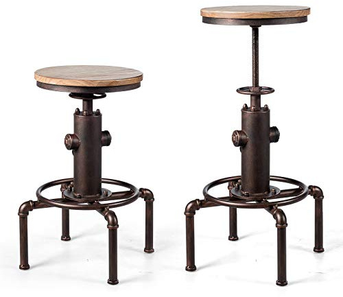 HOMASIS Barhocker höhenverstellbar aus Holz & Metall, Vintage-Barstuhl im Industriestil, 360°Drehhocker mit Kiferplatte, Fußstütze & Anti-Rutsch Fußpolster, Bistrohocker für Bars & Cafés (Bronze)