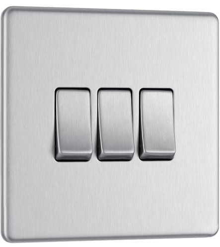 Newlec British General FBS43 Nexus Flatplate Screwless Brushed Steel 3 Gang 20A 16AX 2 Way Light Switch