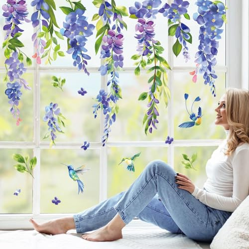 wondever Fenstersticker Blumen Blau Lila Fenster Aufkleber Hängende Blumen Rebe Pflanzen Fensterbilder Fensteraufkleber Anti-Kollision Doppelseitig Glasaufkleber Glas Deko