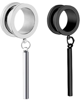 2Pcs Tunnel 14mm Männer Edelstahl, Ohr Piercings Silber Schwarz Rund Mit Langem Stabanhänger Flesh Tunnel Set