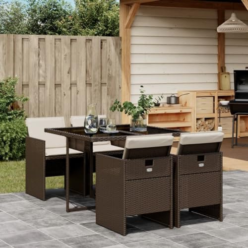 Homgoday Tavolo e Sedie da Giardino Set,Set da Pranzo da Giardino 5pz con Cuscini in Polyrattan Marrone,Tavolo e Sedie da Giardino Esterno Set,Mobili da Giardino,Set da Pranzo da Giardino Set l