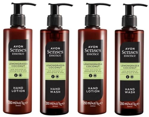 2 sets of New Larger Size - Avon Senses Essence Lemongrass and Coconut Hand Care Set in 250ml Bottles, Includes Hand Wash and Hand Lotion