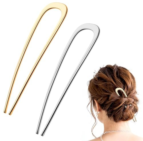 2 Stück Französische Haarnadel Groß, U Förmige Haarnadeln Haarspange Metallspange, 2 Zinken Hochsteckfrisur Chignon Pins, French Hair Pin Metall Gabel Dutt Haarstyling Zubehör für Frauen, Mädchen