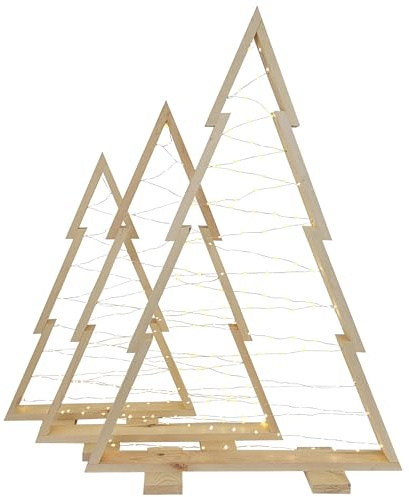 WEECO Weihnachtsbäume aus Holz im 3er Set mit LED Beleuchtung – XLL 113, 90, 78 cm. Naturholz, streichen Sie die Bäume in jeder Farbe. Moderne Weihnachtsdekoration für Firma, Hotel, Schaufenster