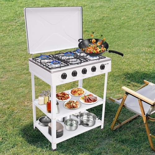 Portable Gas Stove Aluminium Camping Gaskocher für Gasflasche, Tragbarer Outdoor Campingkocher 5 Flammig Gasherd mit Deckel, Auto-Zündtaste & Abnehmbare Halterung (Weiß)