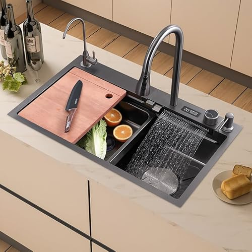 Spülbeckenknopf Küche Wasserfall Wassertemperaturanzeige Edelstahl Spüle Multifunktionsspüle Waschbecken Handwaschbecken (80 x 45 x 22 cm)