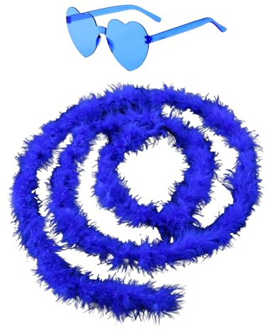 Werownsgso 2-teiliger Federschal und Herzförmige Brille 2 Meter Federschal Karneval Kostümzubehör Geeignet für Cosplay Partys Maskerade Party Karneval (Blau)
