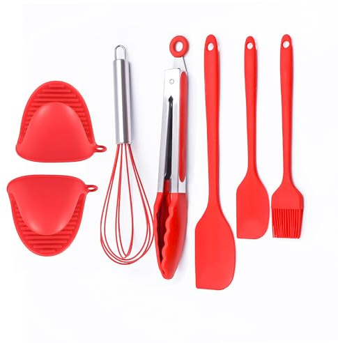Kofebe Set di 6 Utensili da Cucina in Silicone Antiaderente, Spatole, Pinze, Pennello, Frusta, Termoresistente, Accessori Cucina per Cucinare, Cuocere al Forno(Rosso)